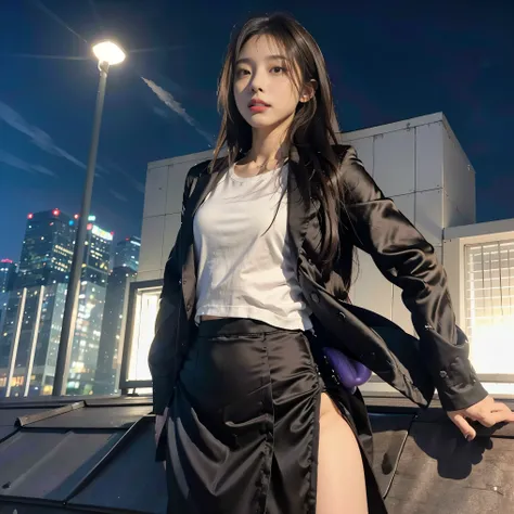 NSFW,((midnight, highest quality, 8K, masterpiece :1.3, 1 girl, 1 boy,1 penis,hetero)), ((View of the city at night, building rooftop:1.3)), whole body, (((lean against the fence with your back turned))), long legs, sharp focus :1.2, beautiful woman with p...