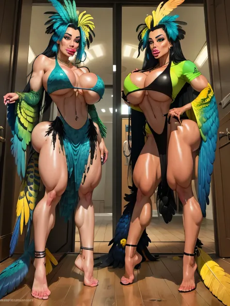 Wild Xavante India, extreme tanned skin, extreme long black straight hair messes over naked ,a bit muscular, huge macaw blue parrot feather headdress, medium breast, athletic built, long legs, curvy, big parrot feather cover , breast painted blue and yello...