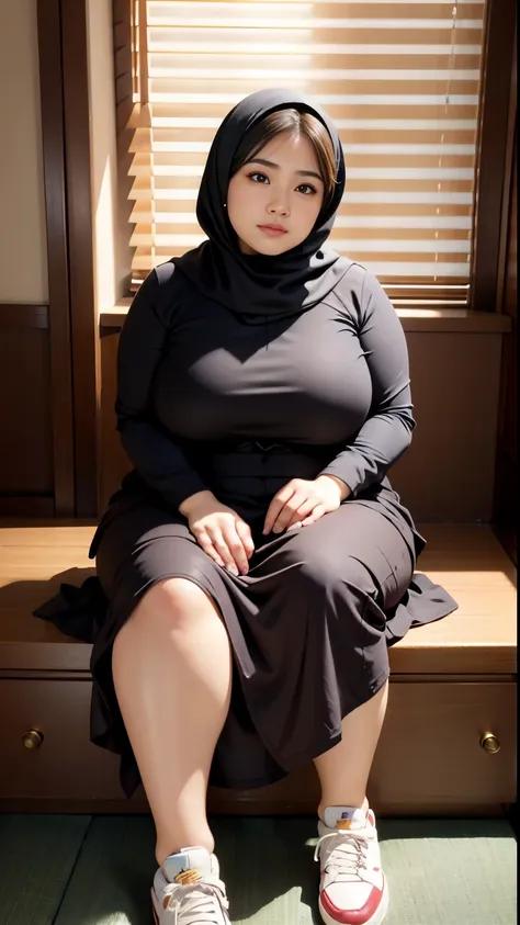 there is a woman sitting down with a longest brown hijab, bbwchan, thicc, brown hijab outfit, brown hijab fashion model, korean ...