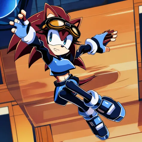 Female, Mobian, Hedgehog, crimson red fur, blue eyes, blue crop top with boob window, long black sleeves, fingerless blue gloves with black cuffs, blue tights, black waistband, blue heeled sonic soap shoes, black goggles with blue lenses, ((very long wavy ...