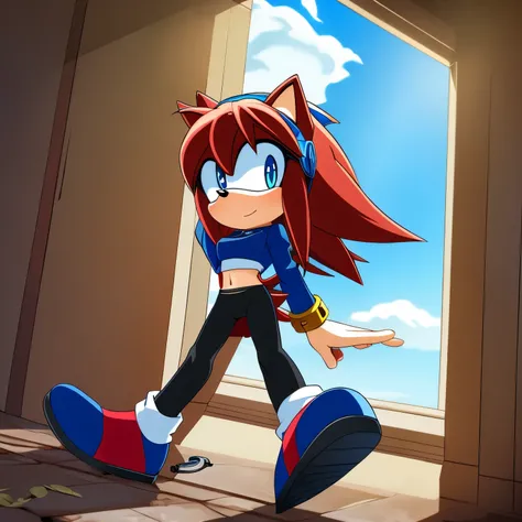 Female, Mobian, Hedgehog, crimson red fur, blue eyes, blue crop top with boob window/key hole, long black sleeves, fingerless blue gloves with black cuffs, blue tights, black waistband, blue heeled sonic soap shoes, black goggles with blue lenses, ((very l...