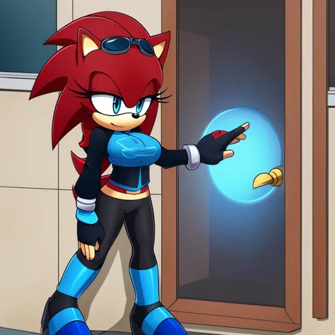 Female, Mobian, Hedgehog, crimson red fur, blue eyes, blue crop top with boob window/key hole, long black sleeves, fingerless blue gloves with black cuffs, blue tights, black waistband, blue heeled sonic soap shoes, black goggles with blue lenses, ((very l...