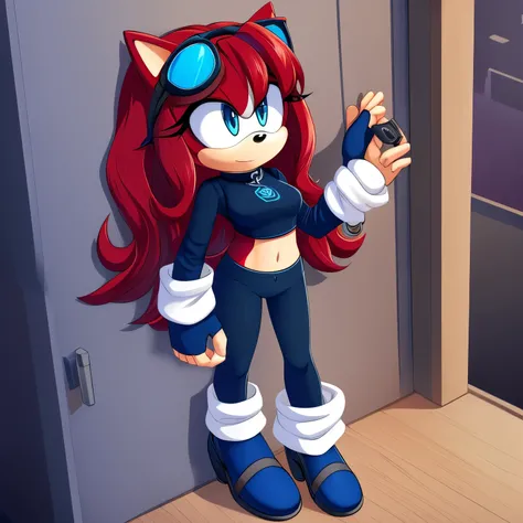 Female, Mobian, Hedgehog, crimson red fur, blue eyes, blue crop top with boob window/key hole, long black sleeves, fingerless blue gloves with black cuffs, blue tights, black waistband, blue heeled sonic soap shoes, black goggles with blue lenses, ((very l...