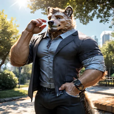 Pubrasser, good looking, muscular, casual set, sunny, solo, male, fur, detailed, ultradetailed body, ultradetailed clothes, ultradetailed face, park background