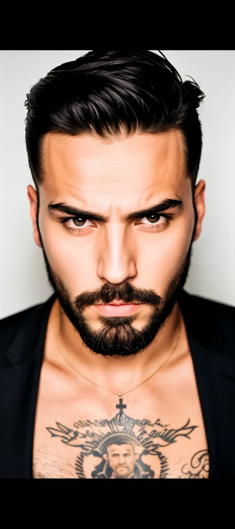 close-up of a man with a beard and a cross tattoo on his chest, Lucas Graziano, Beautiful face, Inspired by Luca Zontini, Lorenzo Vitturi placeholder image, perfect Beautiful face, male face, Placeholder image by Alessandro Bavari, Beautiful eyes, Sebastia...