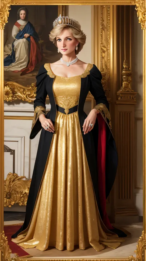 Princes lady diana, (photorealistic: 1.4) (ultra-detailed) (full body), crown, popstar, movie scene (black and gold), sparkles, splendor, wealth, nobility, queen