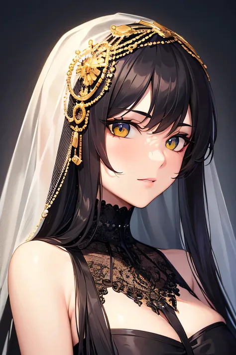 ((best quality)), ((masterpiece)), (detailed), perfect face,  best quality, realism, hyper-realism, Arabian beauty, amber eyes, black hair, face veil, royal dress,
