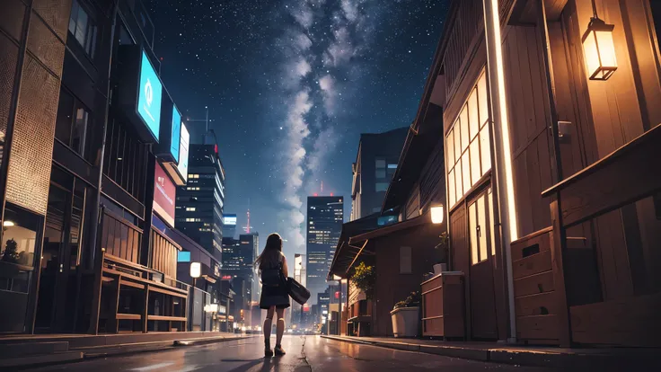 octane, null, star (null), scenery, starry null, night, 1 girl, night null, alone, outdoor, building, cloud, milky way, sitting, wood, long hair, city, silhouette, cityscape  