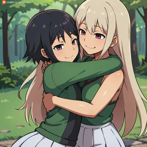 Anime illustration of a harem of anime girls in camp outfits this. In a forest and they hug and smile in a perverted way 