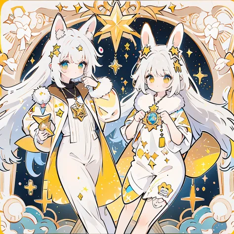 two girls, rabbit ears, cat ears, coffee, taro cards, animal_ears, cross, furry, furry_female, gloves, sparkle, star_(symbol)+, star_hair_ornament, star_necklace, star_pasties, star_print, starfish, starry_background, tail, white_hair, yellow_background, y...