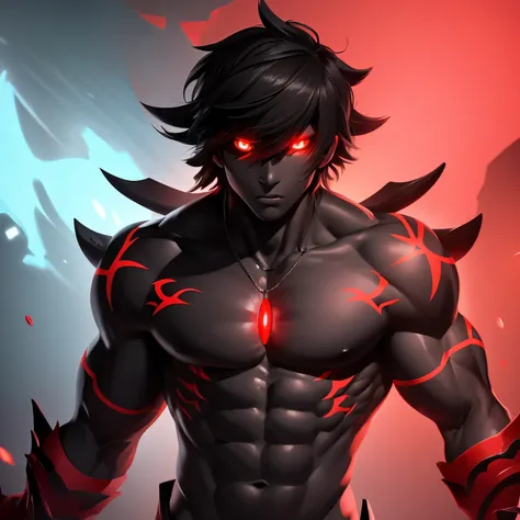 Oni boy with black skin and red eyes and hair