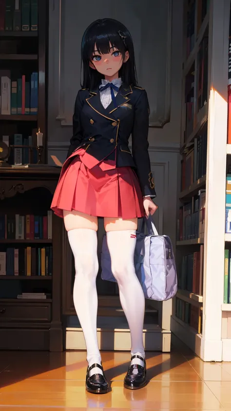 highest quality, full body portrait, delicate face, cute face, 17 year old female, slim body shape, small bust, high school uniform,double skirt suit, (((white knee high stockings))),soft light on the face,Inside the majestic library