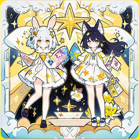 two girls, rabbit ears, cat ears, coffee, taro cards, animal_ears, cross, furry, furry_female, gloves, sparkle, star_(symbol)+, star_hair_ornament, star_necklace, star_pasties, star_print, starfish, starry_background, tail, flowers, flower_pedals yellow_ba...