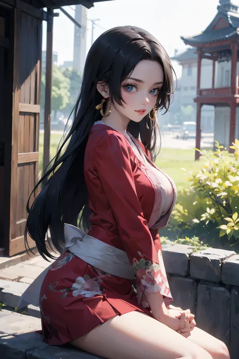 masterpiece, Best Quality, absurderes, Perfect Anatomy, Unity 8k Wallpapers,best anime,dynamic angle、action pose:Slashing、cowboy shot,20 year old beauty、boa hancock,black hair,long hair,center parted bangs,slender body,large breasts,a smile,shy look、Turn y...