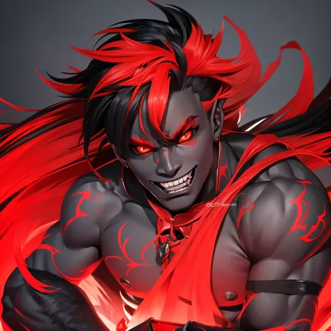 oni boy with black skin and red eyes and hair