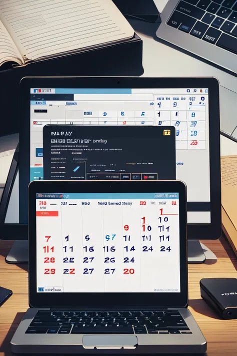 4K Masterpiece: A high-resolution, 4:7 aspect ratio image of a computer screen displaying a digital calendar. The calendar is filled with numerous meeting appointments, represented by miniature calendars or simple text reminders. The background of the scre...