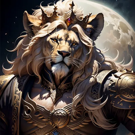 A closeup of a lion with a crown on its head, Senhor das Bestas, lion warrior, arte de fantasia detalhada, highly arte de fantasia detalhada, wlop intrincado, personagem de fantasia hiperdetalhado, arte digital de fantasia detalhada, Kerem couplet, socieda...