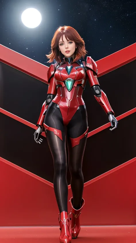 Pyra, from Xenoblade Chronicles 2, dressed in (red futuristic mech:1.3) from the waist up, wearing (shiny sheer brown pantyhose:1.2) on her legs, (huge breasts:1.1), black low wedge heel booties, long straight red hair covering one eye, small hips, small b...