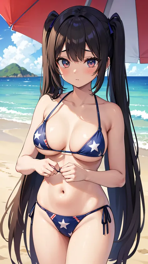 (best quality, masterpiece:1.2), 2girls, beach, 
(american flag bikini, dark skin, blonde hair, long hair, large breasts:1.1)
(floral bikini, pale skin, black hair, twintails, medium breasts)