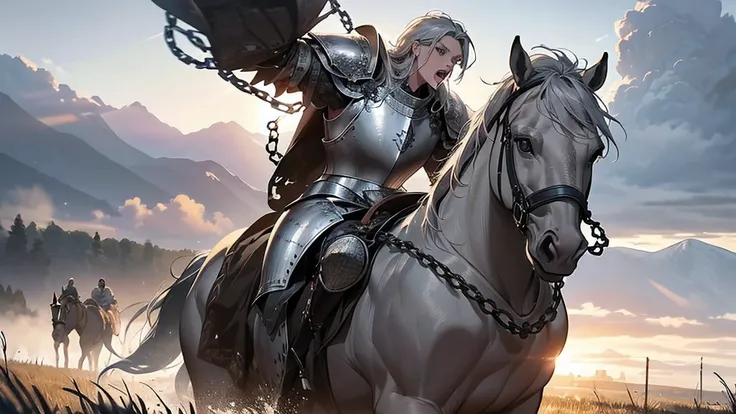 photorealistic, masterpiece, cinematic composition, general photography of one (carrying several medieval knights wearing a gray metallic chain under a plate armor, screaming fiercely, mounted on a proud and imposing warhorse galloping at full speed throug...