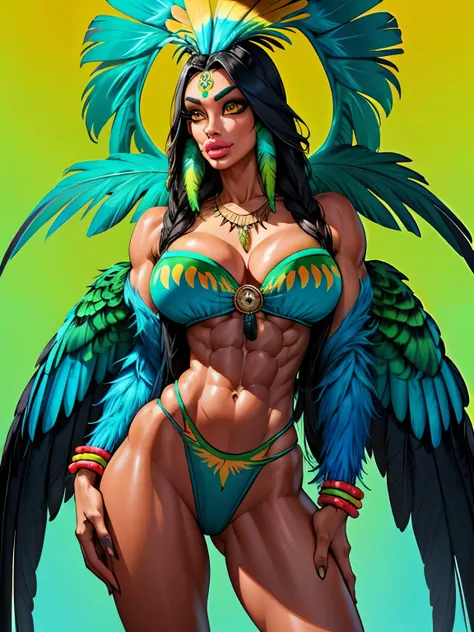 (standing straight), Wild Xavante India, ((extreme tanned skin)), extreme long black straight hair messes over naked ,a bit muscular, huge macaw blue parrot ((feather headdress)), medium breast, athletic built, long legs, curvy, big parrot feather cover , ...