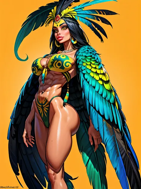 (standing straight), Wild Xavante India, ((extreme tanned skin)), extreme long black straight hair messes over naked ,a bit muscular, huge macaw blue parrot ((feather headdress)), medium breast, athletic built, long legs, curvy, big parrot feather cover , ...