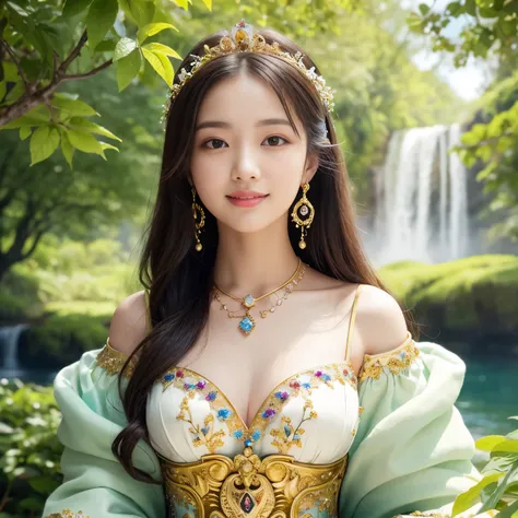 (highest quality、table top、8K、best image quality、hyper realism)、the most sacred goddess、最も贅沢なheaven、The most extravagant and finest giant princess dress、A dress adorned with the finest jewels、the most beautiful giant princess dress、highest qualityの巨大なティアラ、...