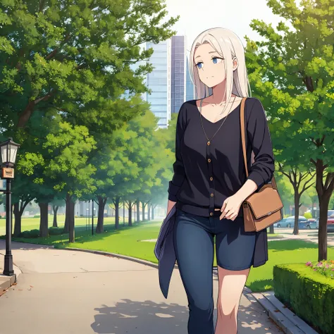 a woman in casual clothes in a city park
