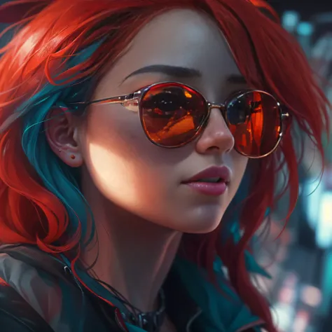 close-up shot, 1 girl,  [red|blue]hair, sunglasses, best quality, detailed details, masterpiece, official art, movie lighting effects, 4K