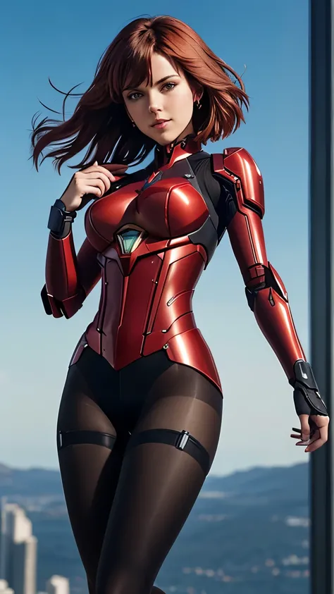 Pyra, from Xenoblade Chronicles 2, dressed in (red futuristic mech:1.3) from the waist up, wearing (shiny sheer brown pantyhose:1.2) on her legs, (huge breasts:1.1), black low wedge heel booties, long straight red hair covering one eye, small hips, small b...