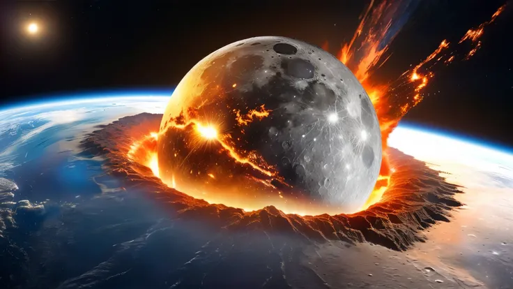 a close up of a planet with a fire trail crack coming out of it, the moon crashing into the earth, the moon crashes into the earth, moon crash into earth, moon hitting earth, two planets colliding, planet earth exploding, end of world, end of the world, pl...