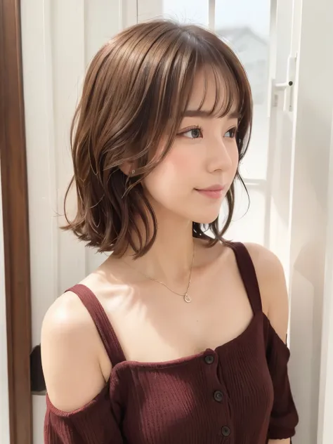 white wall、Taken in front of the white door、(窓のあるwhite wallの部屋)、(8K、Live shooting、highest quality、masterpiece:1.2)、High-definition RAW color photo、professional photos、(real、フォトreal:1.37)、Shot in natural light、1 girl、smile、(various poses)、BREAK is (Ombre:1....