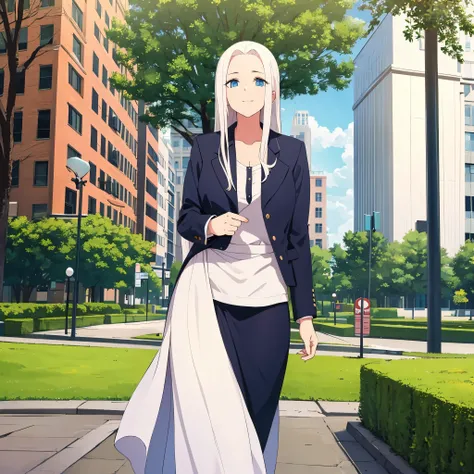 a woman in casual clothes in a city park, hair white
