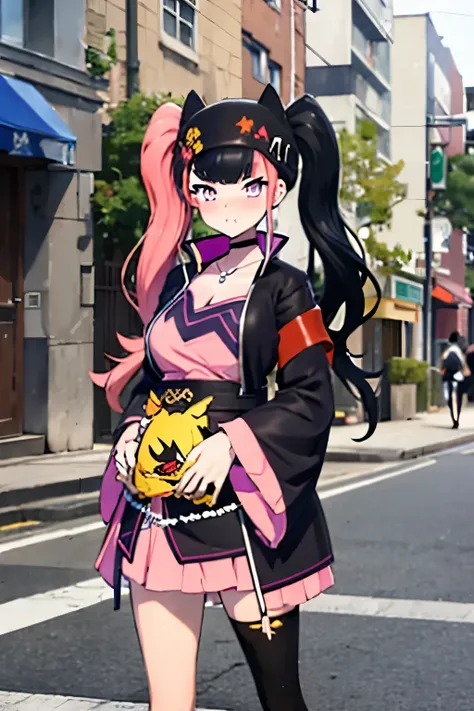 1woman,on a japanese street，facing the camera，wearing a kimono， zoe1_palworld, 1girl,(((two-tone twintails:1.3))),(((two-tone ha...