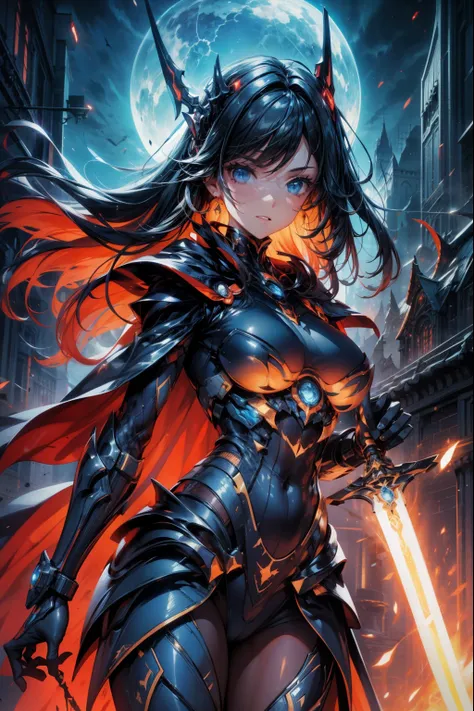 Waist up (perspective angle from bottom to top) super heroine hot girl (masterpiece), best quality, expressive eyes, perfect face, art in fantasy mythic action effect, sharp focus, wearing super detailed suit with mechanicles part & hero cape, cybersamurai...