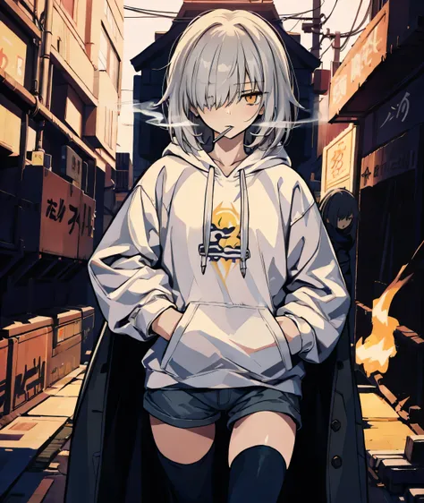 super fine illustration,1 girl,(white background),simple background,hoodie,hair above one eye,tachi-e,are standing,shorts,thighh...