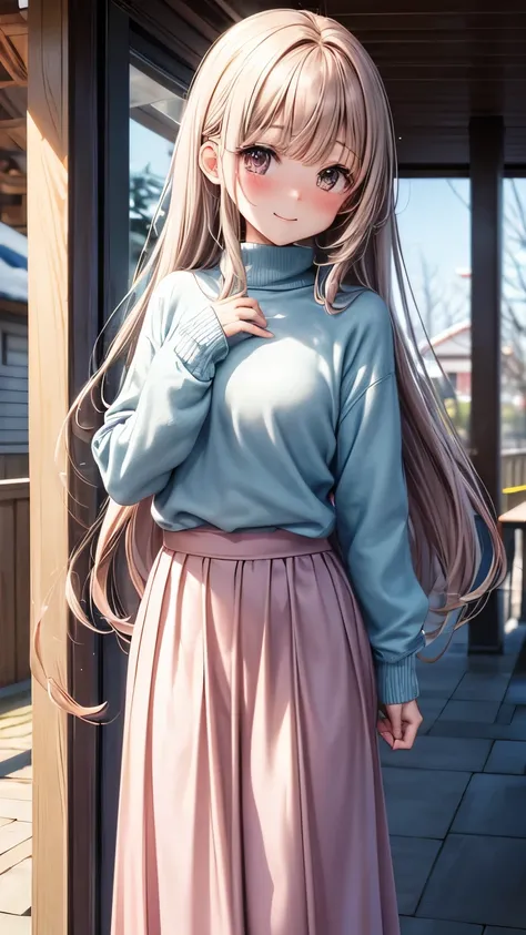 An elementary student Japanese girl ((very small breast, slender)),brown long hair((straight hair ))((much blush bangs forelock:1.3)), tidy long sleeves casual shirts (( turtle neck )),white overcoat((pale pink color )), ((pale blue maxi length skirt)), pa...