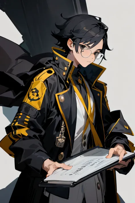 Male, young teen, black eyes, short, Jet jacket, pirate background, black hair, labcoat, glasses, clipboard on hand.