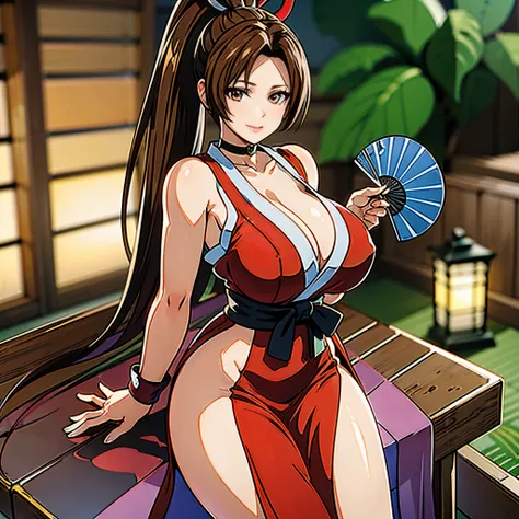 女性1 person、pink dress、(((mai shiranui:1.2))), bare shoulders, brown hair, brown eyes, long and high ponytail, hair band,  1 pers...