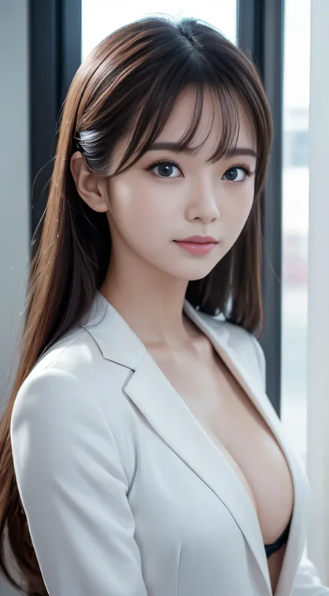 office、(absurd、High resolution、Super detailed)、Beautiful woman、(close up of face)、Facial emphasis、surface focus、office街に立つ女性、、Skyscraper behind（（angle from below））、22、18、long straight hair、）（ponytail）Beautiful shiny hair、beautiful skin、luscious skin、beauti...