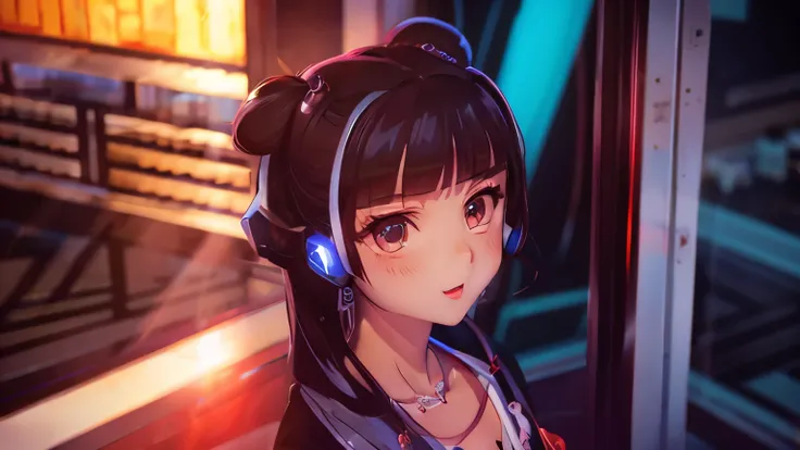 Anime character wearing headphones、Enjoying the quiet atmosphere。