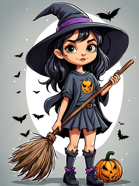 (Cute cartoon style:1.4), masterpiece in maximum 16K resolution, a pretty modern witch wearing a T-shirt with a beautiful print. | ((The print has an image of a pretty witch)) holding a broomstick. | ((More_Detail))