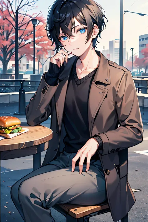 male　black hair　blue eyes　short hair　one person　sweater　slacks　Brown coat　city　Sit on a chair in the park　table　eating hamburger　rightward　diagonal angle　masterpiece　Highest image quality　noise removal　clear parts 　cinematic shadow　Increased attractiveness...