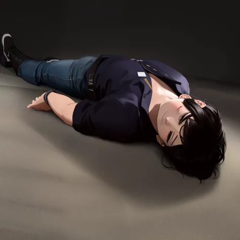 there is a man laying on the floor with his head down, lying on the ground, laying on the ground, lying dynamic pose, lying on back, lying on an empty, lying down, sprawled out, lying scattered across an empty, head tilted down, crawling out of a dark room...