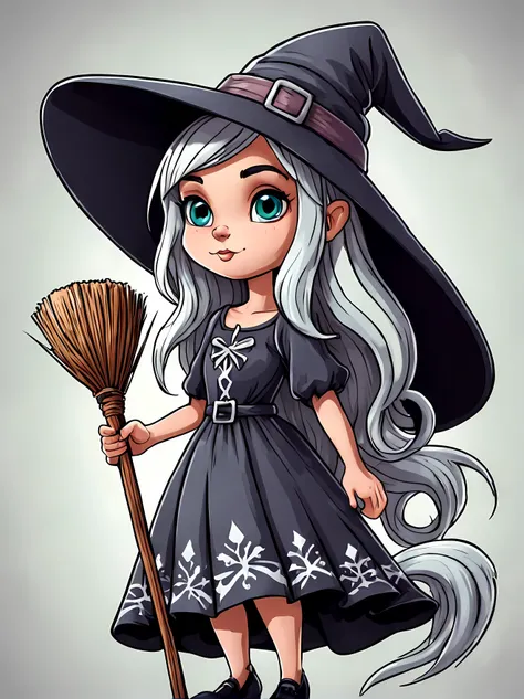 (Cute cartoon style:1.4), masterpiece in maximum 16K resolution, a pretty white witch wearing a T-shirt with a beautiful print. | ((The print has an image of a pretty witch)) holding a broomstick. | ((More_Detail))