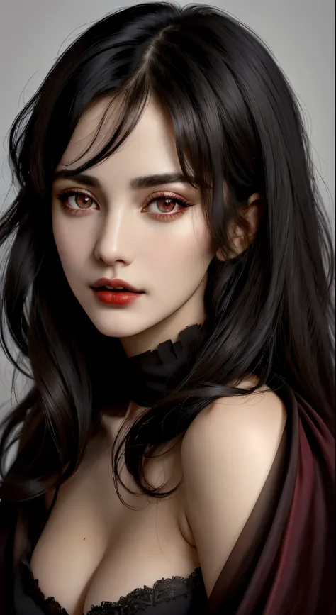 (best quality, hyperdetailed photography:1.2), beautiful lady, ,red eyes , black hair,dark makeup, soft light, snoopy breast,head and breast portrait, cover, (detailed beautiful face, detail skin texture, ultra-detailed body:1.1) sexy vampire girl,, massiv...