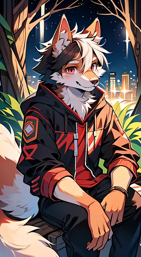 There is a male dog wolf on it, , 18 years old, half dog, Anthropomorphic Mechanical Wolf  ，one person，( Blue-red pupils), (Glitter quality, high detail，Background city wallon hair with smile，Two small ears，skin gold coverage，in the woods