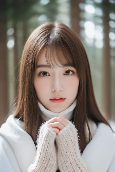 1 female, close up of face, Medium chest, light brown hair, dull bangs, hair behind the ear, shoulder hair, long hair, slender body shape, Extra-fine face, thin face, delicate lips, beautiful eyes, light blush, eyes are light brown,watch here, ultra thin h...