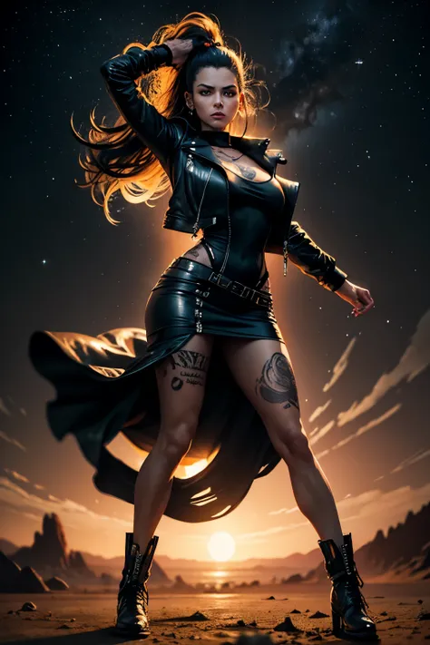 Tall Tough tattooed biker chick with two strong legs dancing swirling twirling almost collapsing on Saturns moon Calisto, looking like a creation that could actually survive there, wearing black leather graphics jacket and long leather-like denim dress tha...