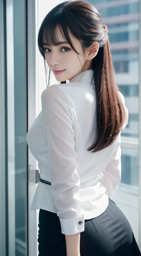 office、(Rear view)、(look back)、(absurd、High resolution、Super detailed)、Beautiful woman、(close up of face)、Facial emphasis、surface focus、office街に立つ女性、、Skyscraper behind（（angle from below））、22、18、long straight hair、）（ponytail）Beautiful shiny hair、beautiful s...